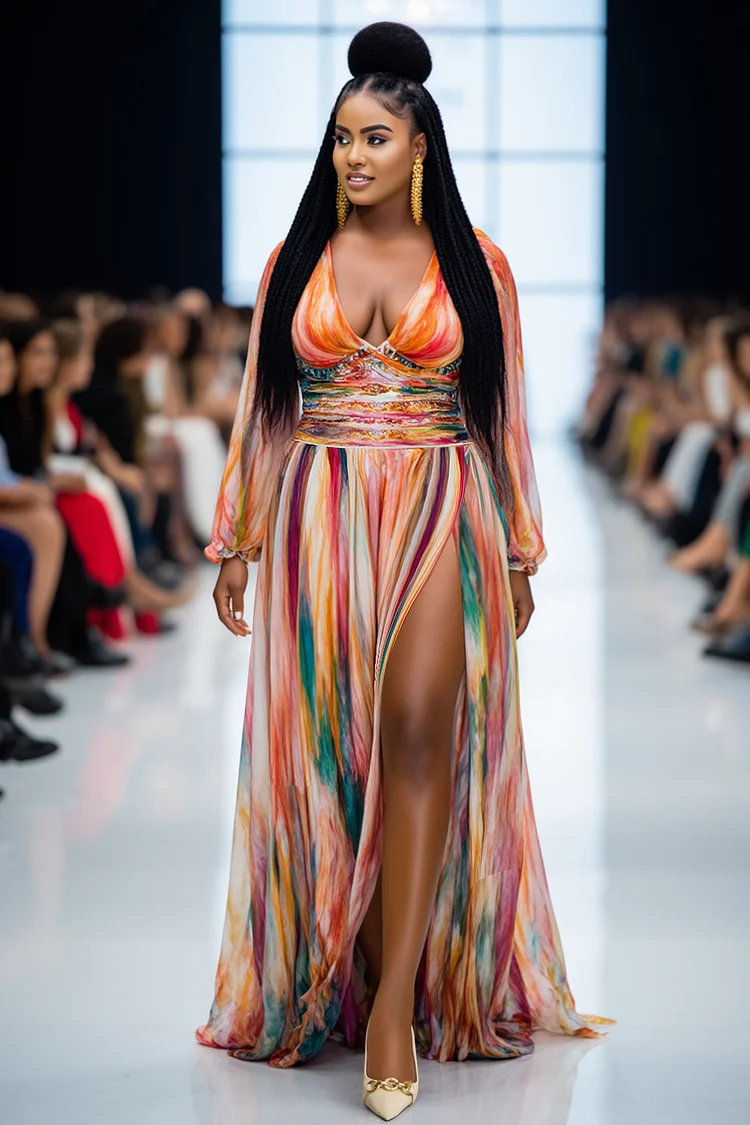 V Neck Long Sleeve High Slit Print Party Maxi Dresses-Orange [Pre Order]