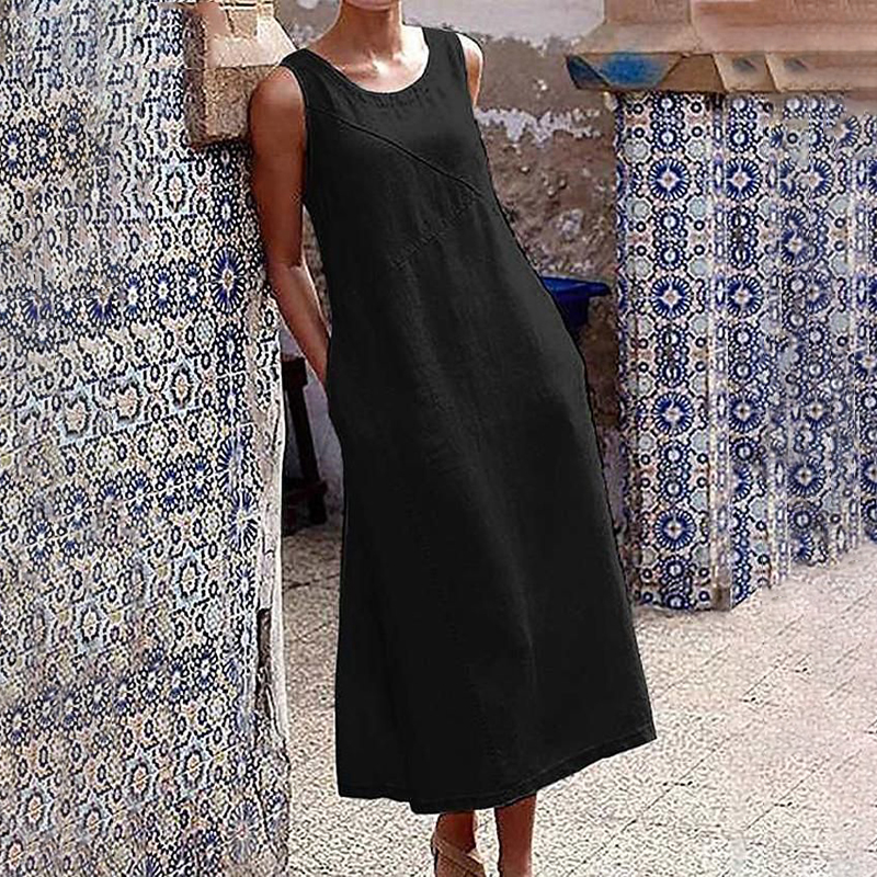 Retro Pocket Comfy Sleeveless Midi Dress wearshes