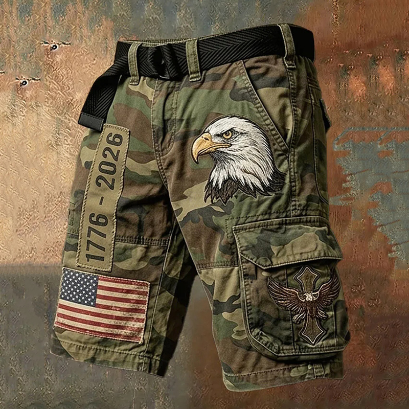  Men's Retro Independence Day Printed Shorts Washed Cargo Shorts Westsshops