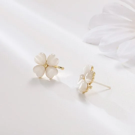 Heart shaped Opal Lucky Four leaf Clover Earrings