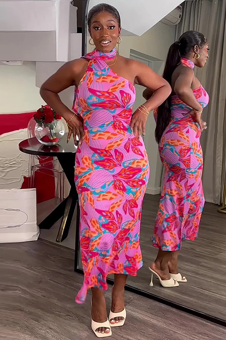 Floral Print Halter Streamer Bodycon Midi Dresses-Pink
