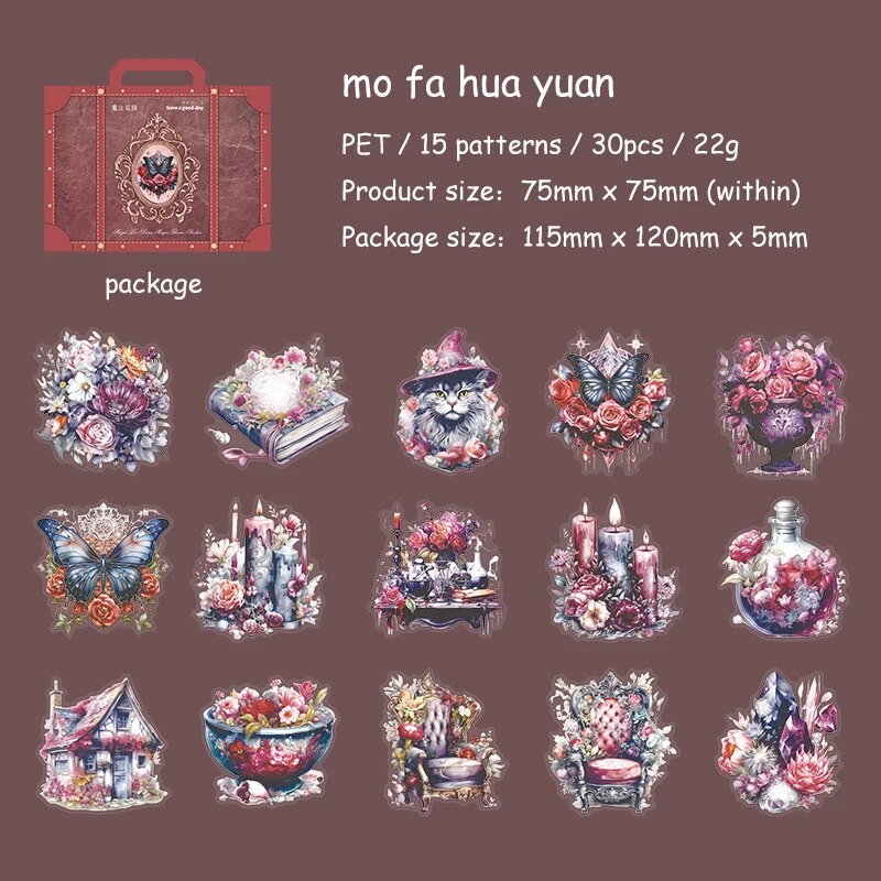 Journalsay 30 Sheets Magic Box Series Vintage Flower Landscaping PET Sticker