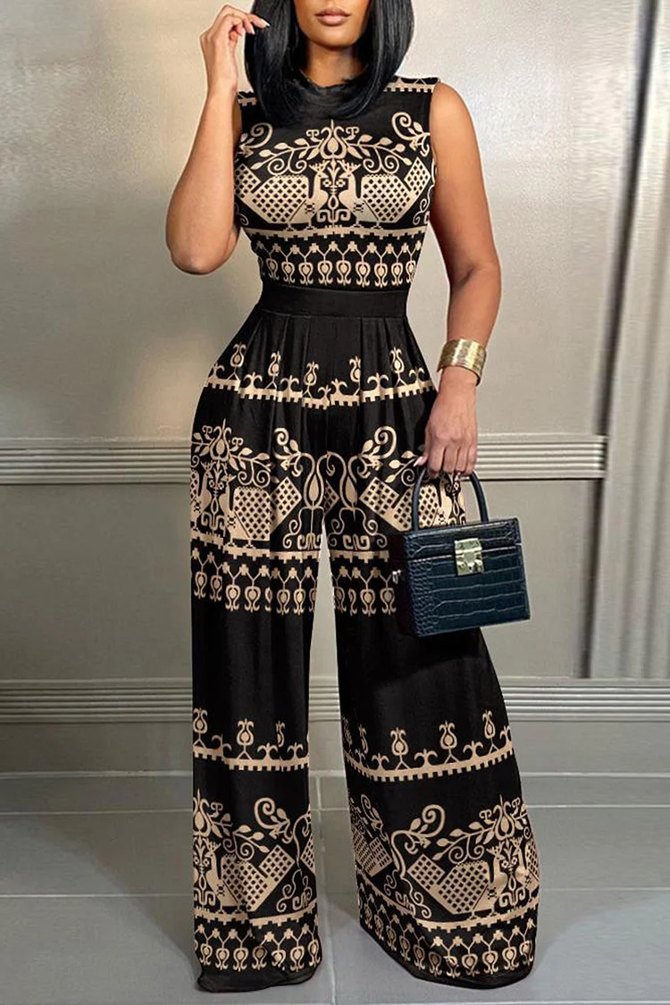 Plus Size Black Daily Tribal Print Wide Leg Jumpsuits