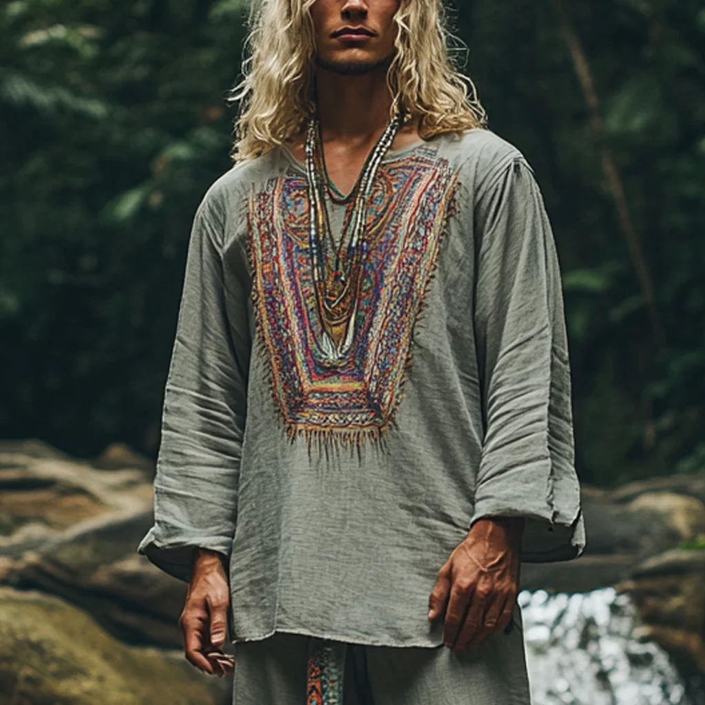 Men's Bohemian Holiday Style Vintage Ethnic Totem Printed Cotton And Linen Casual Tops-inspireuse