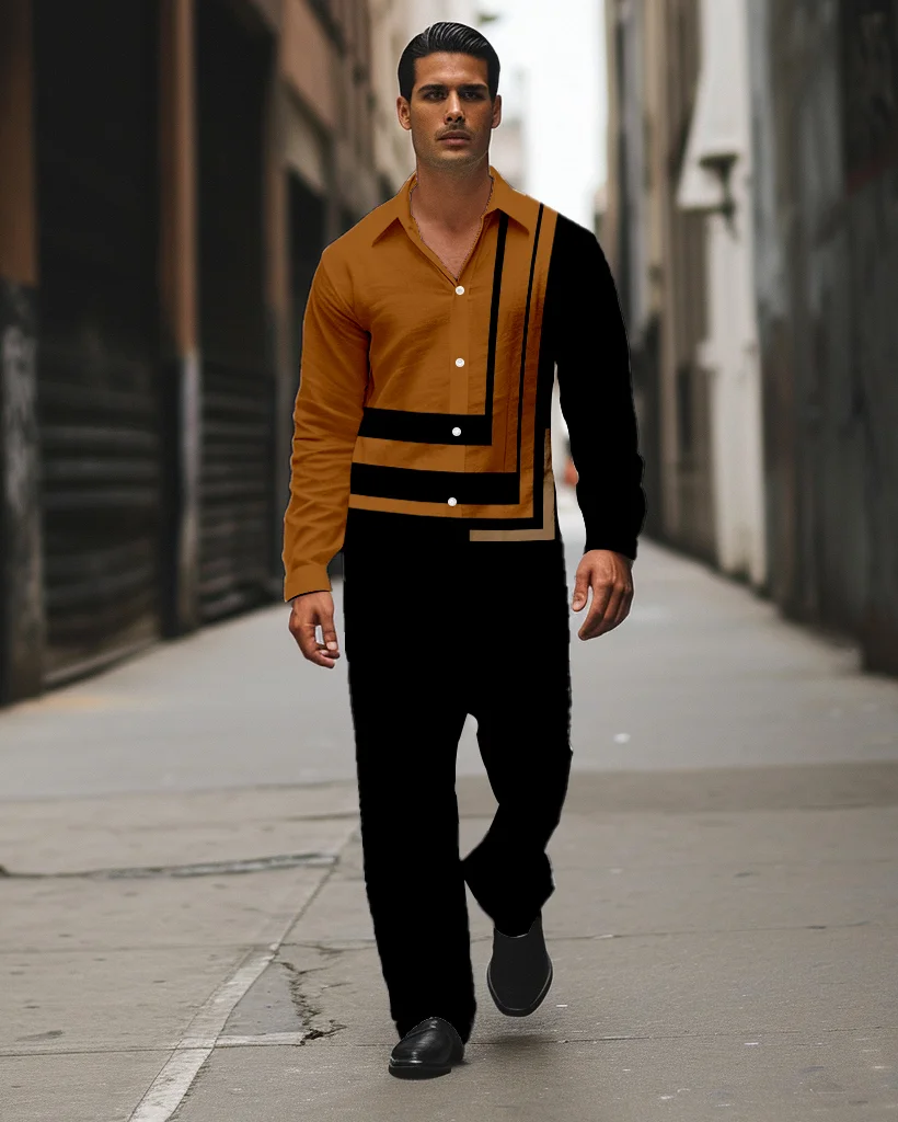 Men's Color Block Printed Long Sleeve Shirt Walking Suit 592