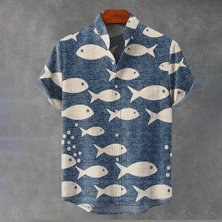 Funny Animals Watercolor Fish Art Vintage Print Casual Cotton Shirt