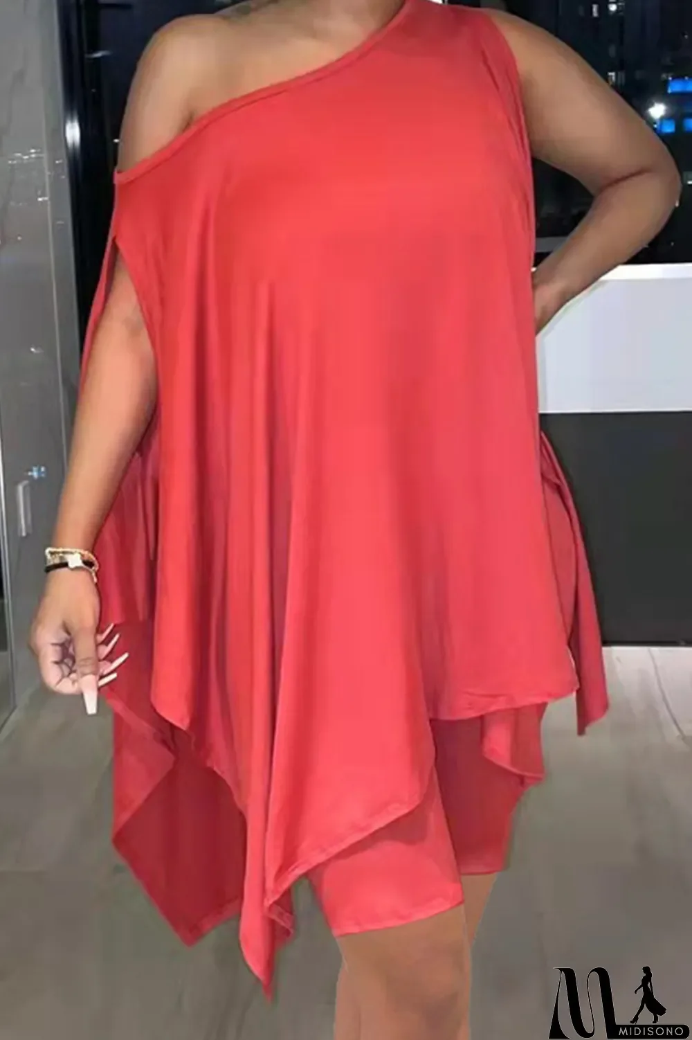 MidiSono - Red Fashion Casual Solid Asymmetrical Oblique Collar Sleeveless Two Pieces