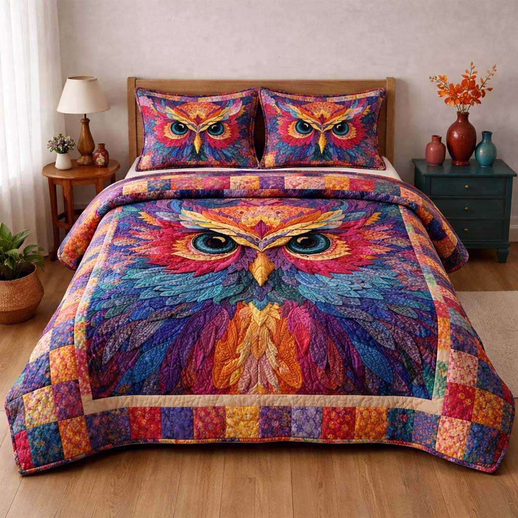 Prismatic Patchwork Owl 3-Piece Quilted Bedding Set GFTOHD14160