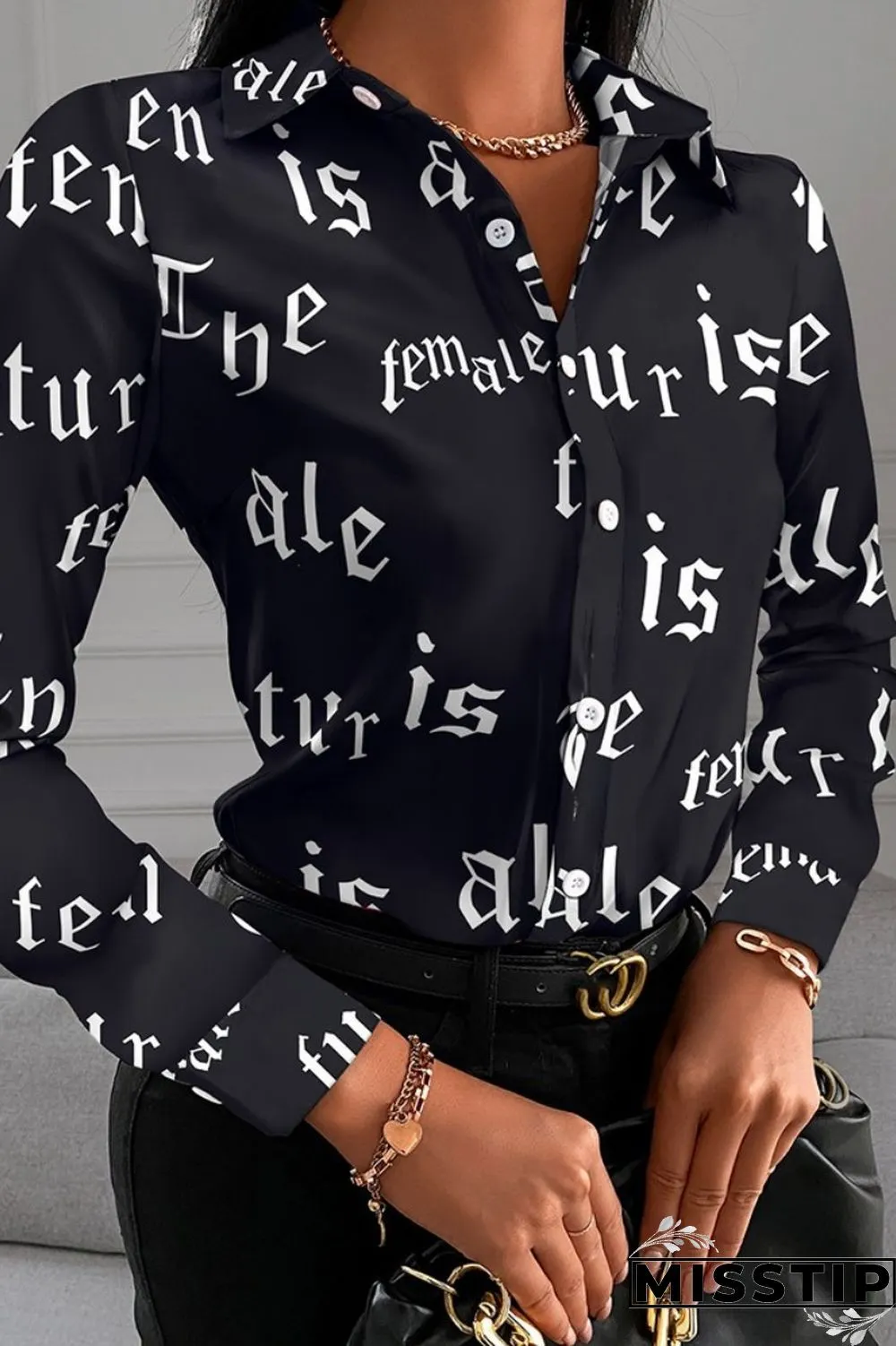 Black Red Casual Print Patchwork Shirt Collar Tops