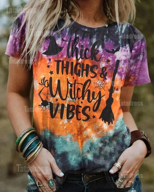 Halloween Thick Thighs & Witch Vibes Tie Dye T-Shirt Tee