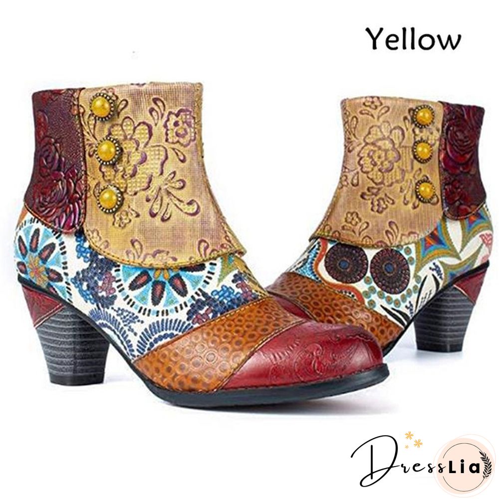 Ladies Fashion Round Toe Patent Leather High Thick Heel Stitching Casual Side Zipper Martin Boots