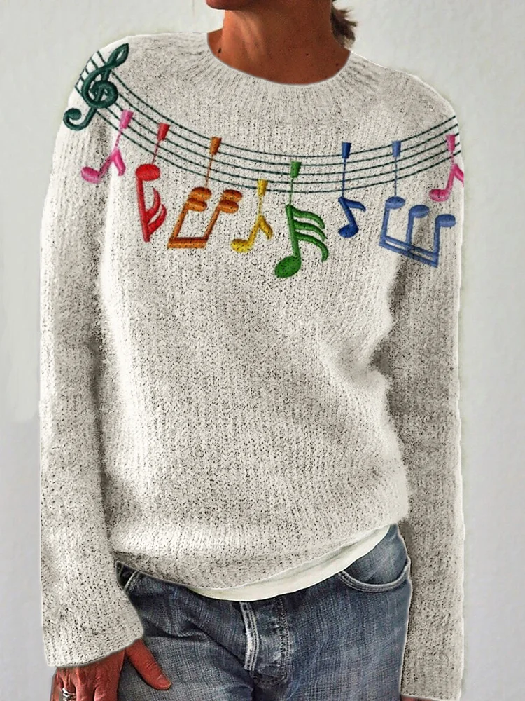 VChics Rainbow Music Notes Embroidery Cozy Knit Sweater