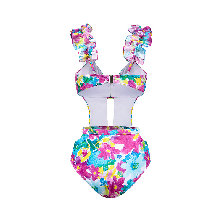 Lace Cutout Purple Floral Doodle One Piece Swimsuit 