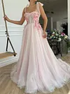 Light Pale Baby Pink 3D Flower Prom Dress A Line Sweetheart Ball Gown Formal Evening Wear Robe Tulle Ribbon Straps Bridesmaids Dresses