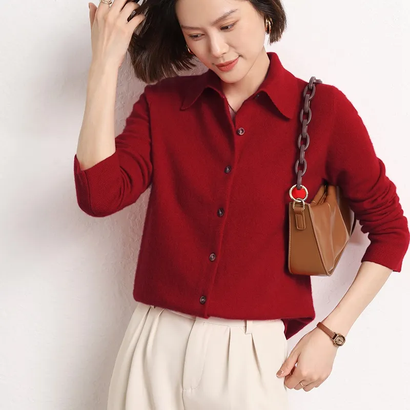 Churchf Churchf And Autumn POLO Collar Knit Shirt With Loose Long-Sleeved Sweater Non-Cashmere Cardigan Temperament Lapel Coat