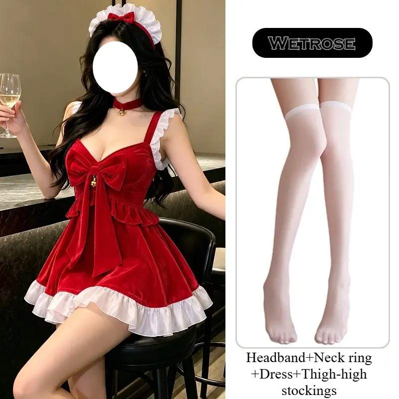 [Wetrose] In Stock Red Velvet Christmas White Ruffle Bow Dress Party Outfit Cosplay Costume Xmas