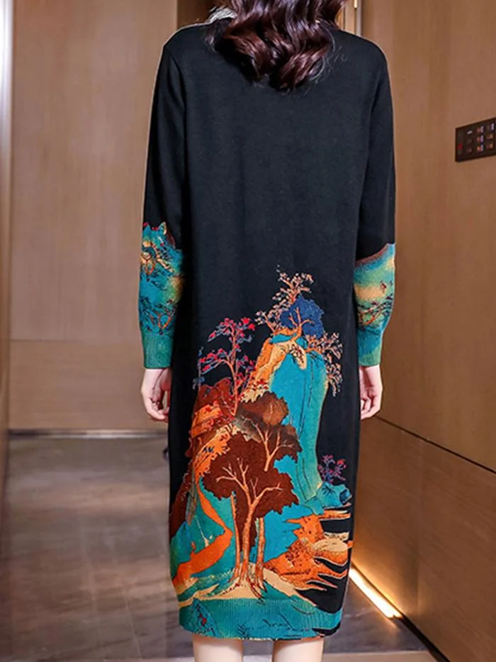 Elegant Long Sweater Print Knitted Dress