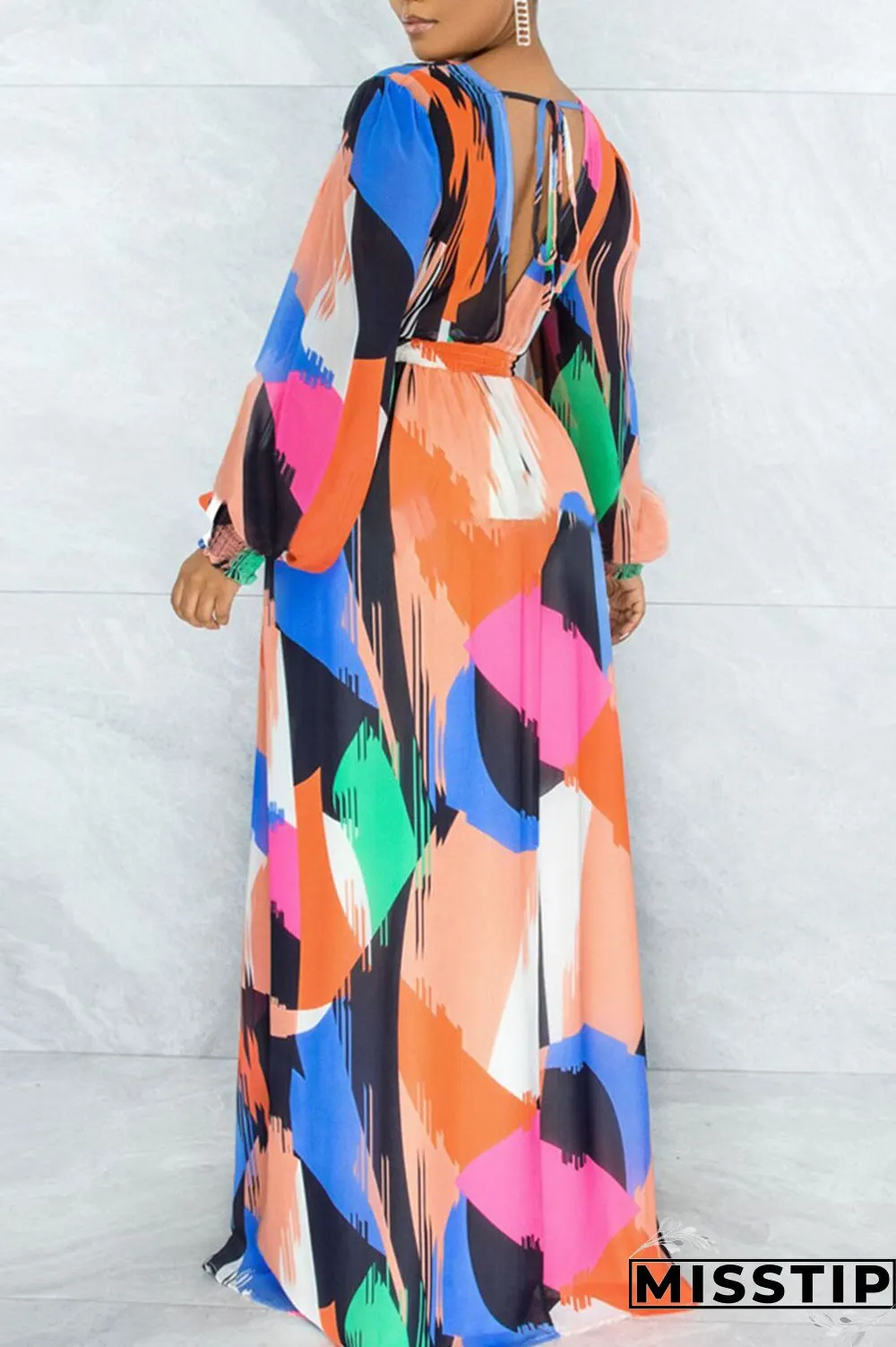 Multi-color Elegant Print Patchwork Frenulum Backless V Neck Long Sleeve Dresses