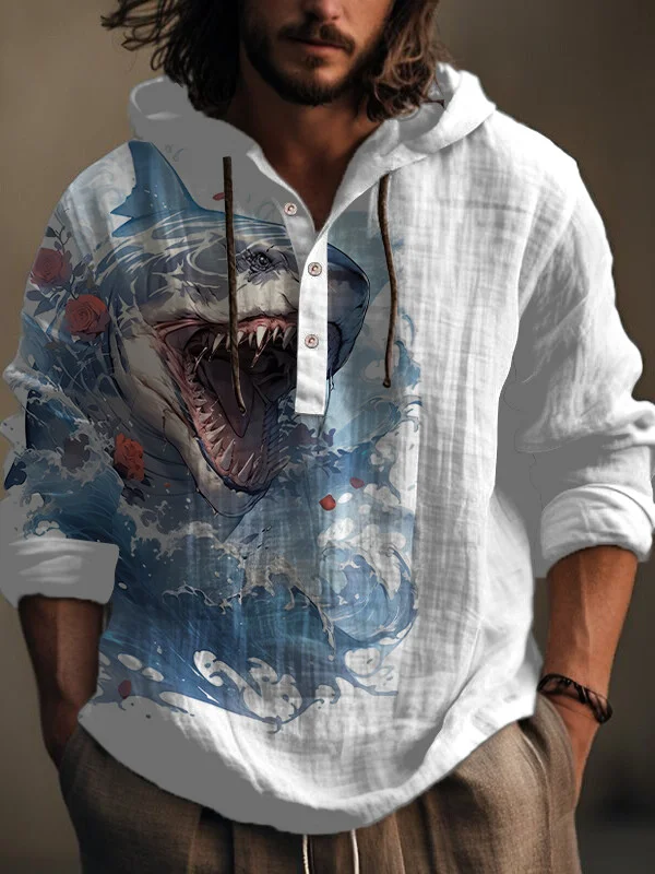Men's Rose Shark Art Print Hooded Shirt