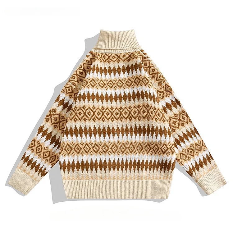 Demandernyc Men's Retro Turtleneck Color-blocked Knitted Sweaters Autumn and Winter Couple Warm Trendy Japanese Loose Casual Bottoming Shirt