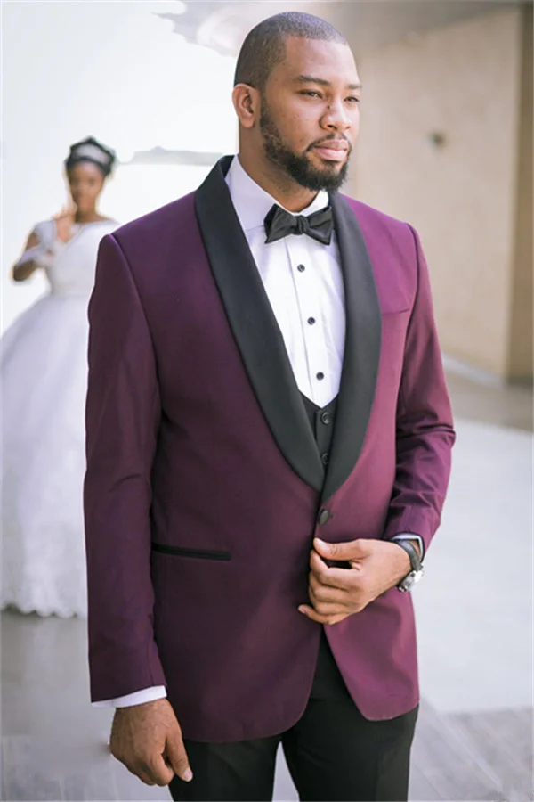 Fashionable Purple Three-Piece Easy Fit  Wedding Suits With Black Lapel