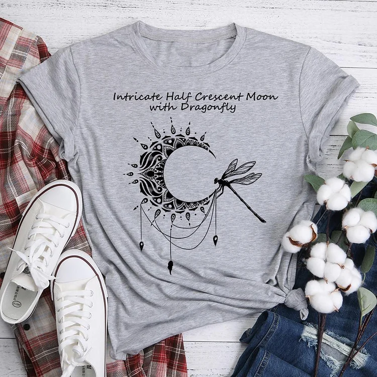 Intricate Half Crescent Moon with Dragonfly  T-Shirt Tee-06345-Annaletters