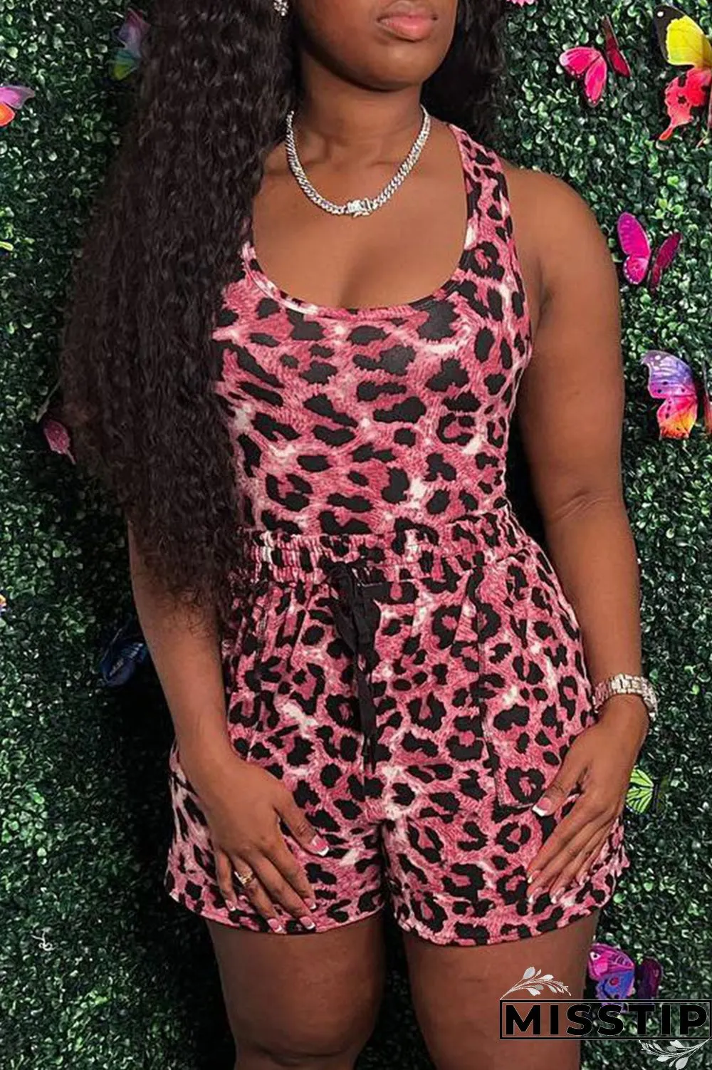 Brown Sexy Casual Print Leopard Basic U Neck Sleeveless Two Pieces