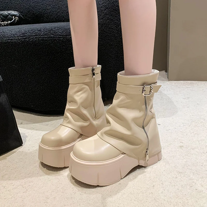Wongn Wongn Celebrity Thick Bottom Tube Boots Female 2023 Winter New British Style Fashion Belt Buckle High Heel Small Short Boots