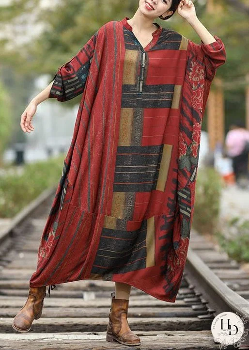 Loose red V Neck Patchwork Linen Silk long Dresses Spring