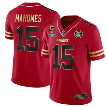 Men's Kansas City Chiefs #15 Patrick Mahomes Red Gold Super Bowl LVII Patch And 4-star C Patch Vapor Untouchable Limited Stitched Jersey JX3H