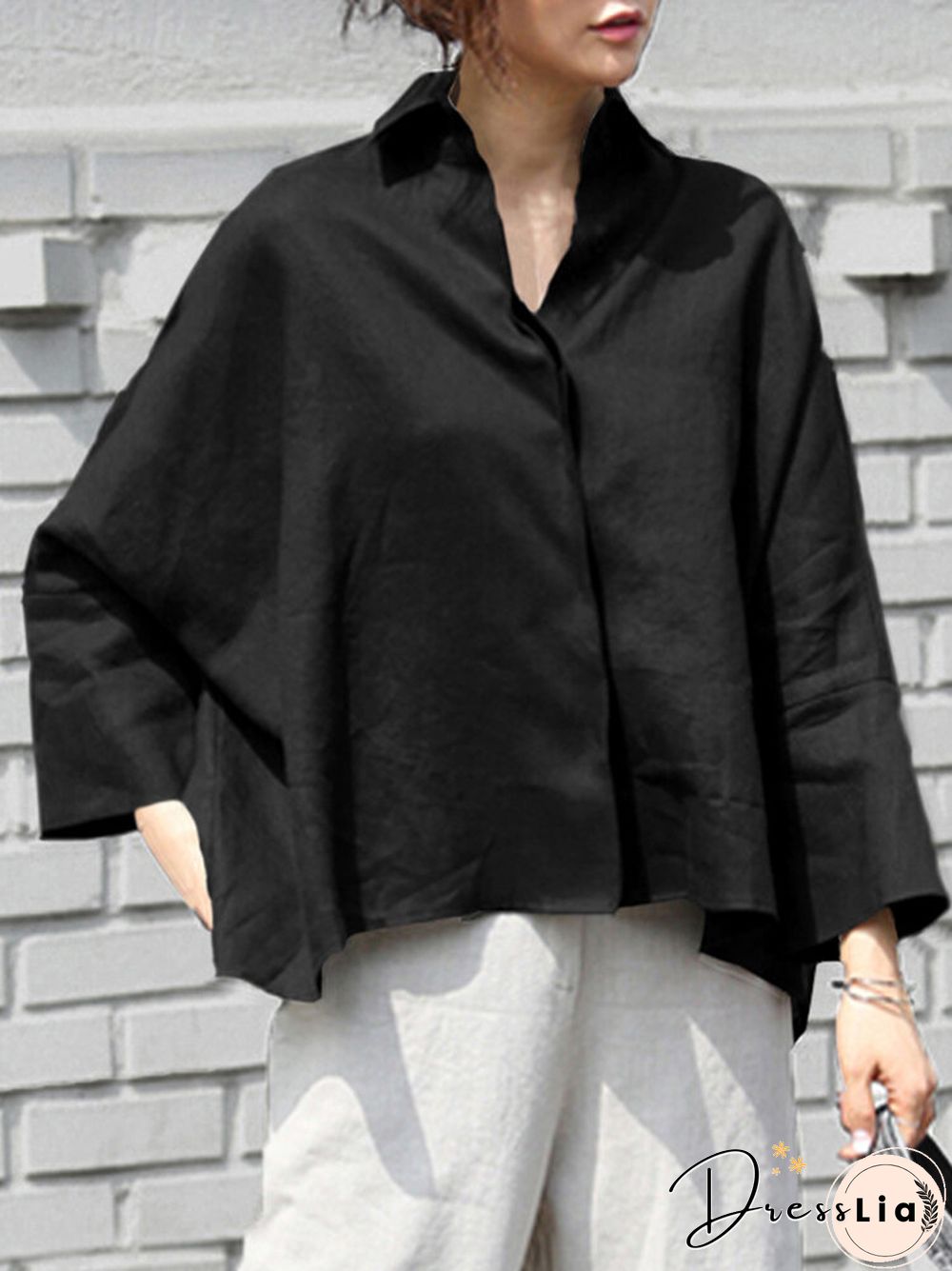 Plain Lapel Loose High-low Hem Long Sleeve Casual Shirt