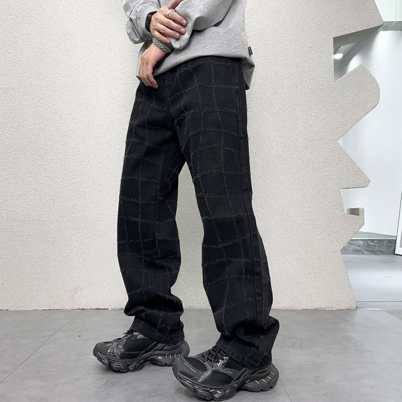Bonusgud Distressed Blue Jeans Male Straight Leg Slim Fit Trousers Plaid Graphic Denim Trousers Men