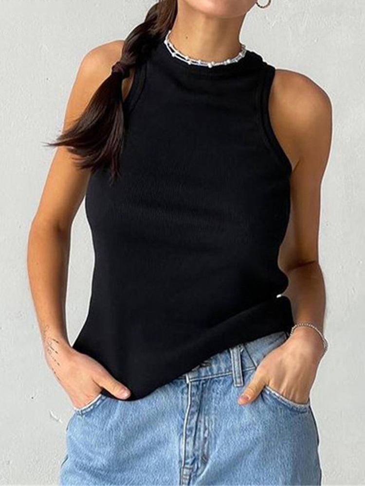 Tank Top Solid Color Casual Tank Top Sleeveless Rib Knit Blouses & Shirts