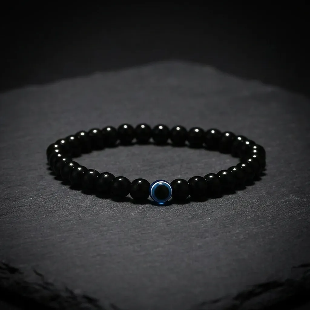 JiStones Shadow Sentinel: Genuine Black Obsidian & Devil's Eye Protection Bracelet 6mm - Classic