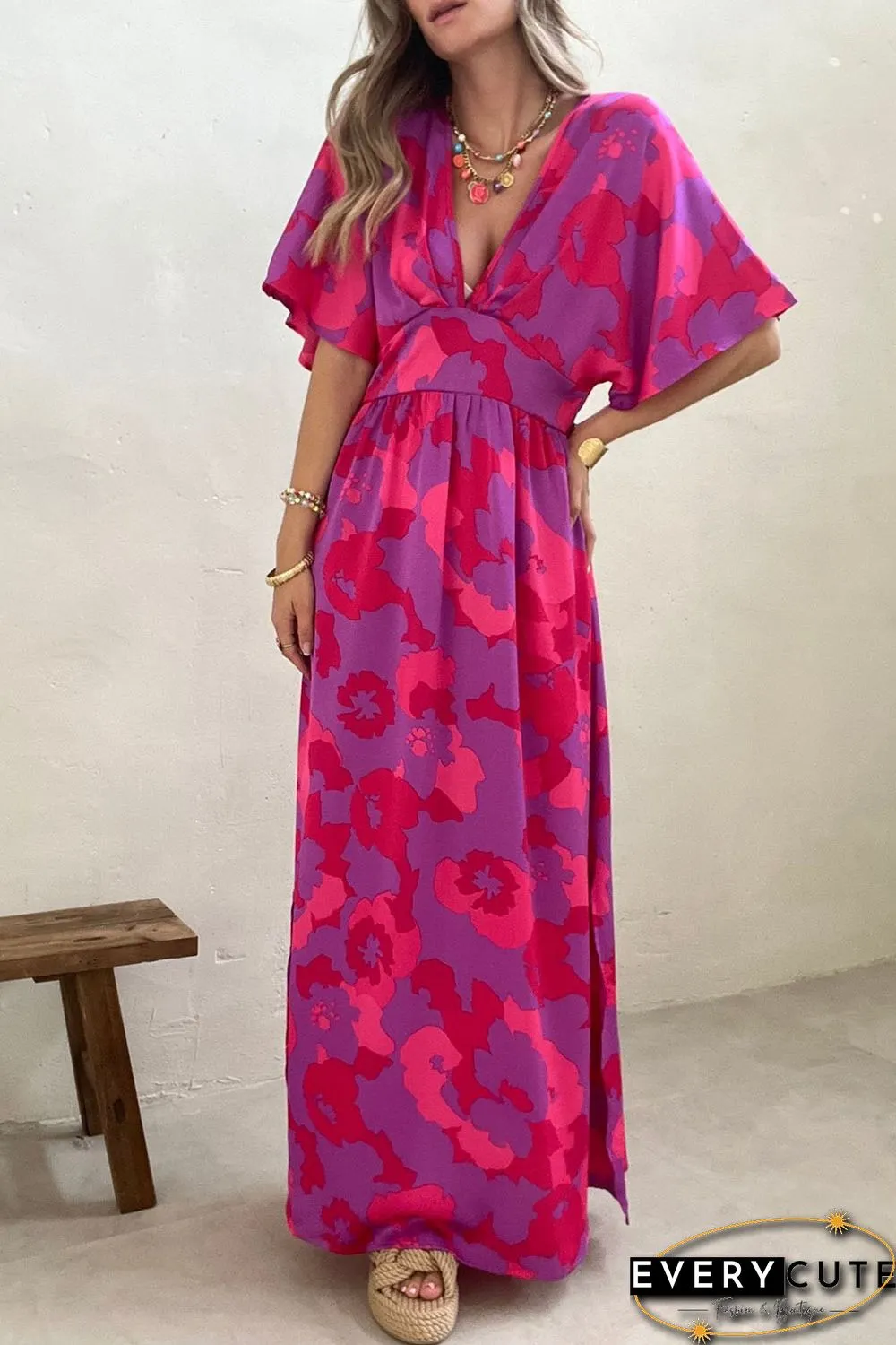 Rose Abstract Floral Print V Neck Dolman Maxi Dress
