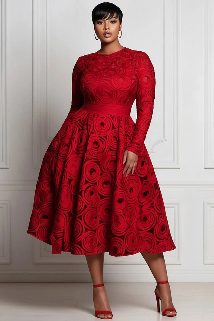Xpluswear Design Plus Size Red All Over Print Round Neck Long Sleeve Pocket Elegant Satin Midi Dresses 2024 - Xpluswear