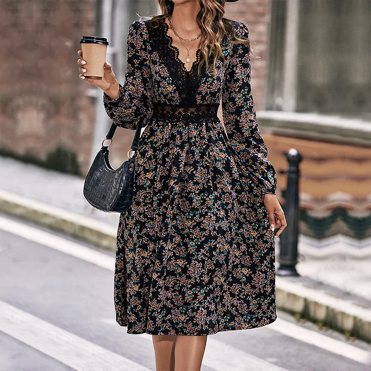 Elegant Floral Print V-Neck Skinny High Waist Midi A-line Dress