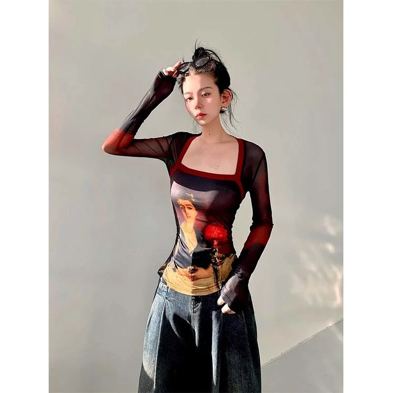 Tlbang Women Gauze Y2k Aesthetic Crop Top Harajuku Fashion Slim Vintage Print T-shirt Square Collar Long Sleeve Elegant Chic Tees