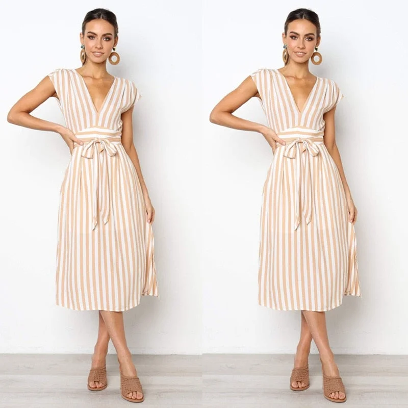 Leosoxs 2021 Summer Sexy Deep V Neck Sleeveless Women's Dress New Fashion Casual Solid Buttons Belt Bodycon Ladies Stripe Dress