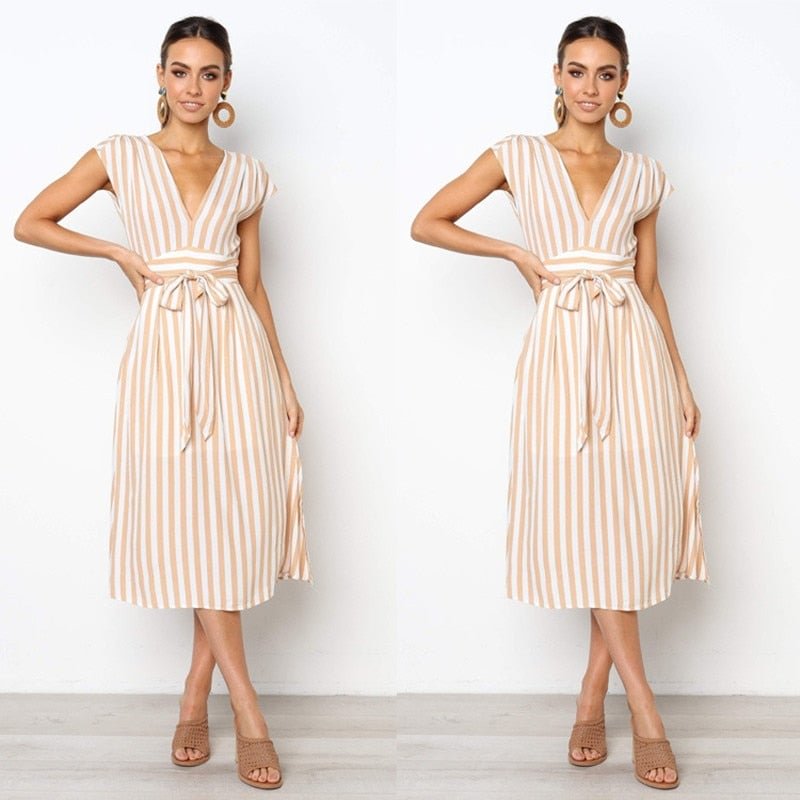 Leosoxs 2021 Summer Sexy Deep V Neck Sleeveless Women's Dress New Fashion Casual Solid Buttons Belt Bodycon Ladies Stripe Dress