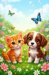 Luxury AB Velvet Diamond Painting Kit - Kitten and Puppy