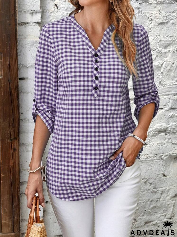 Gingham Print Half Button Roll Tab Sleeve Blouse