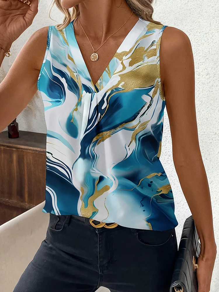 Women's Sleeveless V-Neck Shirt - Blue & Golden Wave Print Summer Top, Machine Washable Regular Fit Fish Tail Hem, Elegant Casual Beachwear For Spring/Summer, Lightweight Fabric, Spring Fashion, Breathable Material, Print Blouse, Beach Lover