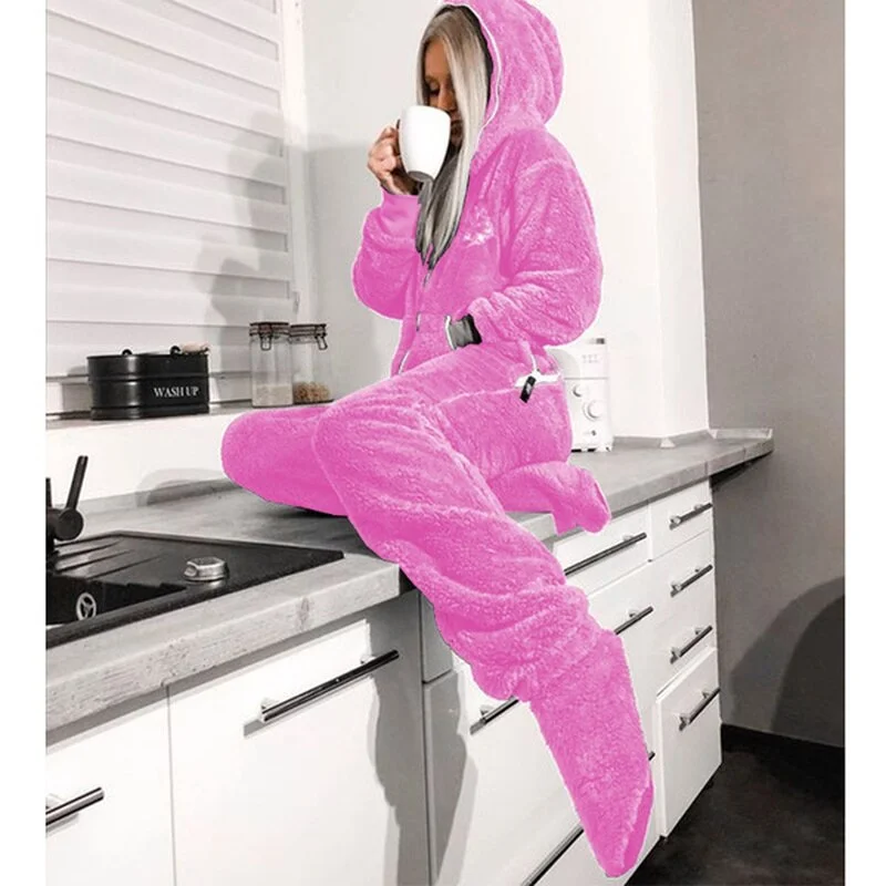 Jumpsuit Women Flannel Long Sleeve Jump Suits for Woman Homewear Pajamas Romers Solid Color Ladies Hooded Jumpsuits Outfits