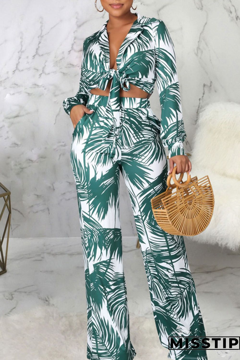 Cyan Casual Print Bandage Patchwork Turn-back Collar Long Sleeve Two Pieces