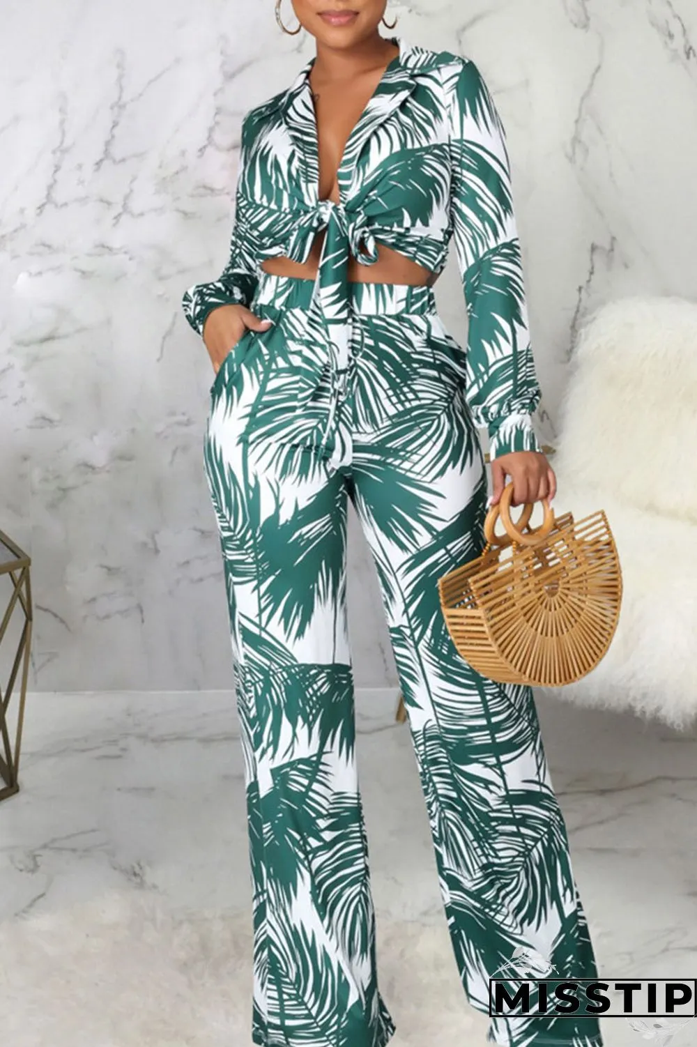 Cyan Casual Print Bandage Patchwork Turn-back Collar Long Sleeve Two Pieces