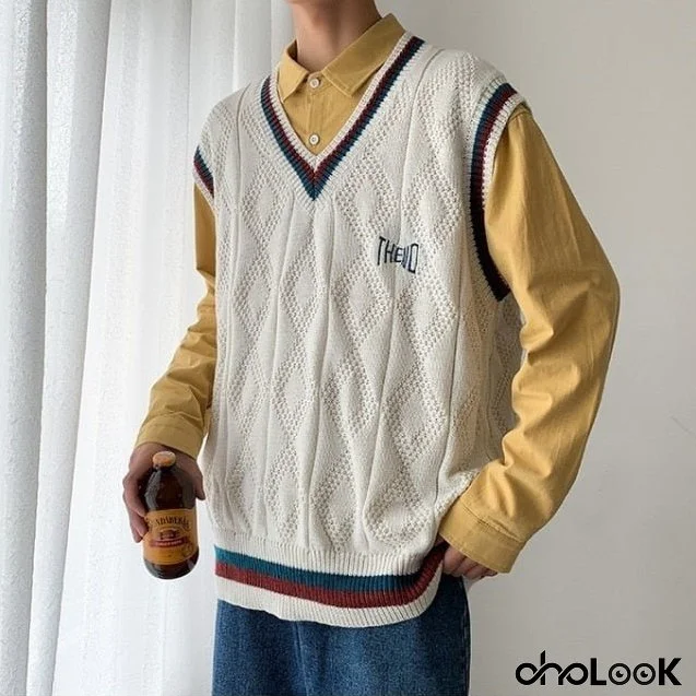 Sweater Vest Men Letter Printed BF V-neck 2XL Oversize Mens Vests Preppy Style Chic Daily Streetwear Leisure Retro Knitted New