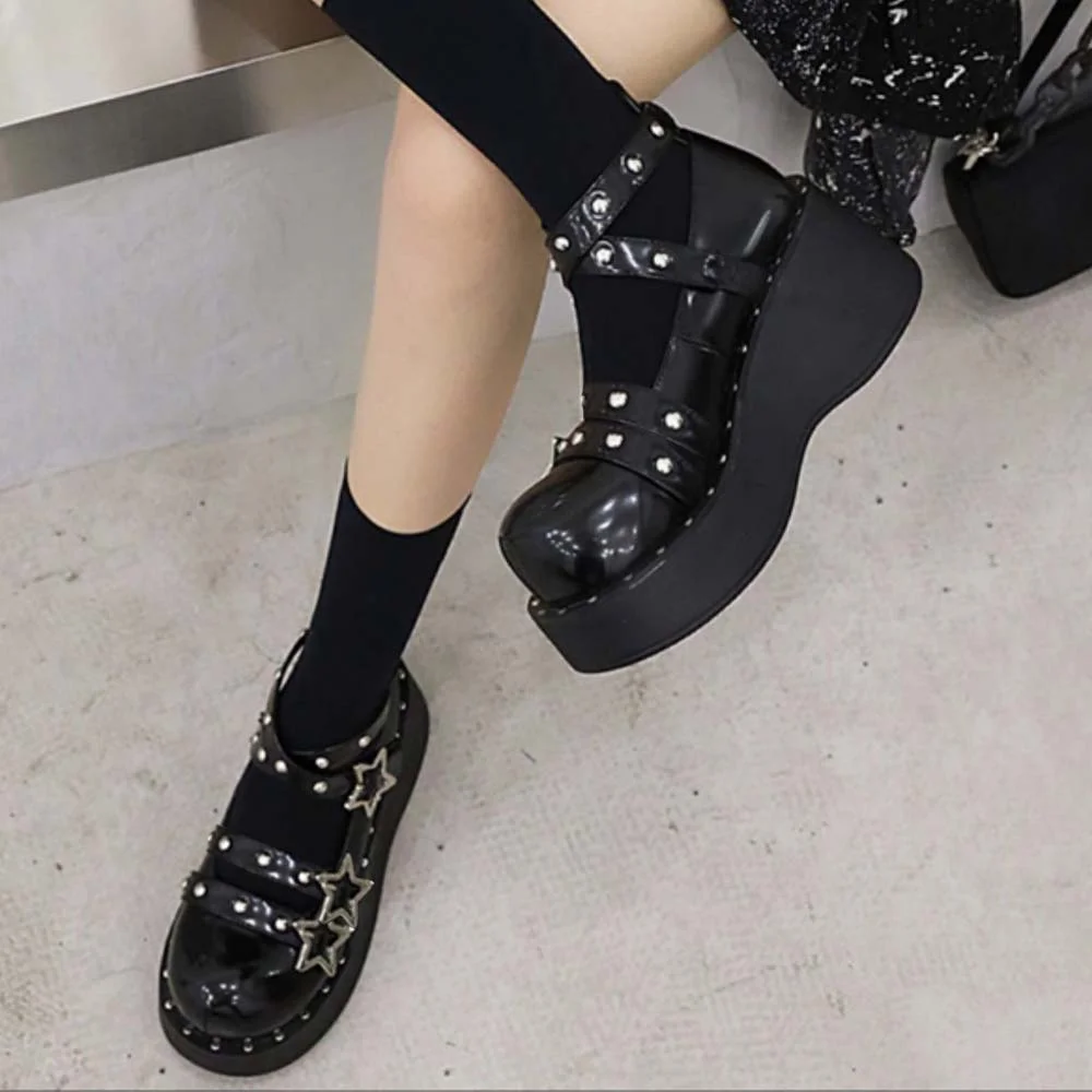 Black Leather Mary Jane Shoes Star Rivet Decor Platform Shoes Nicepairs
