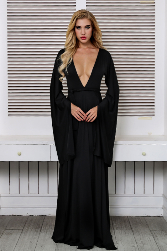 Sexy Deep V-Neck Long Sleeve Prom Dresses Long Slit Party Gowns