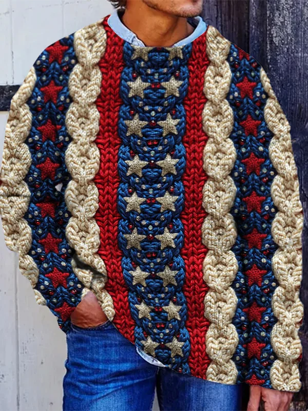 Men's Retro American Star Embroidery Art Knit Sweatshirt